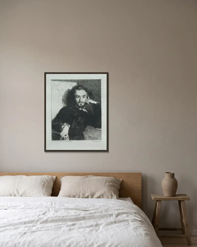 Baudelaire, after Emil de Roy av Félix Bracquemond inramad på en vägg