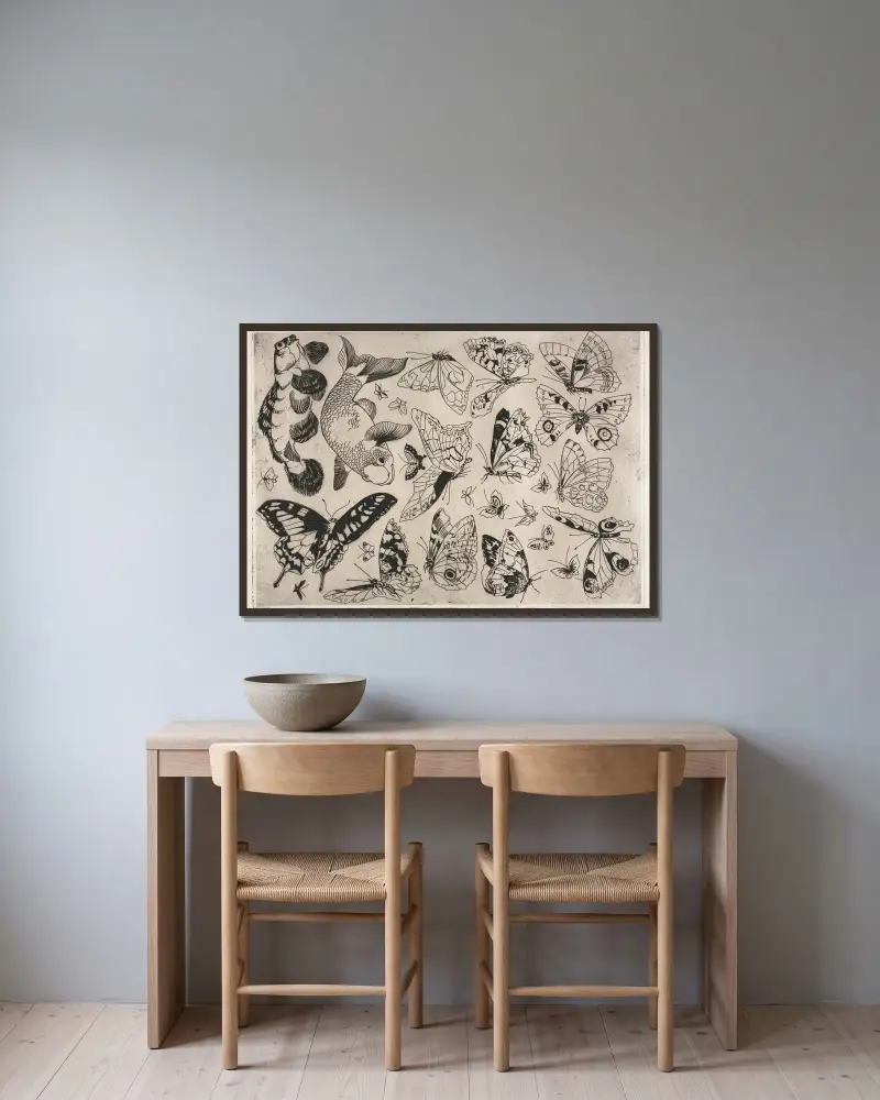 Dinner Service (Rousseau service); Butterflies and Fish (no. 16) av Félix Bracquemond inramad på en vägg