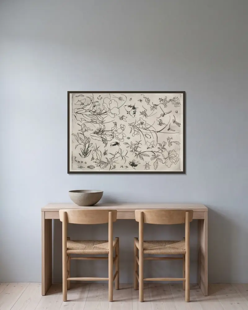 Dinner Service (Rousseau service); Flowers and Insects (no. 15) av Félix Bracquemond inramad på en vägg