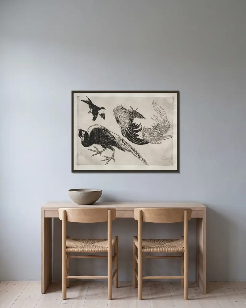 Dinner Service (Rousseau service); Pheasants and bird (no. 18) av Félix Bracquemond inramad på en vägg