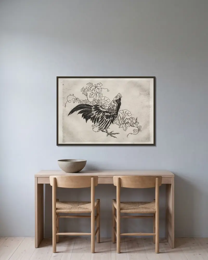 Dinner Service (Rousseau service); Rooster and morning glories (no. 25) av Félix Bracquemond inramad på en vägg