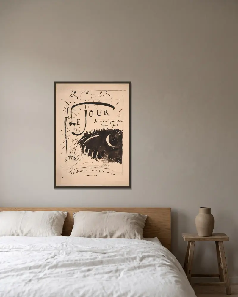 Utkast till omslag eller titel för 'Le Jour et la Nuit' av Félix Bracquemond inramad på en vägg