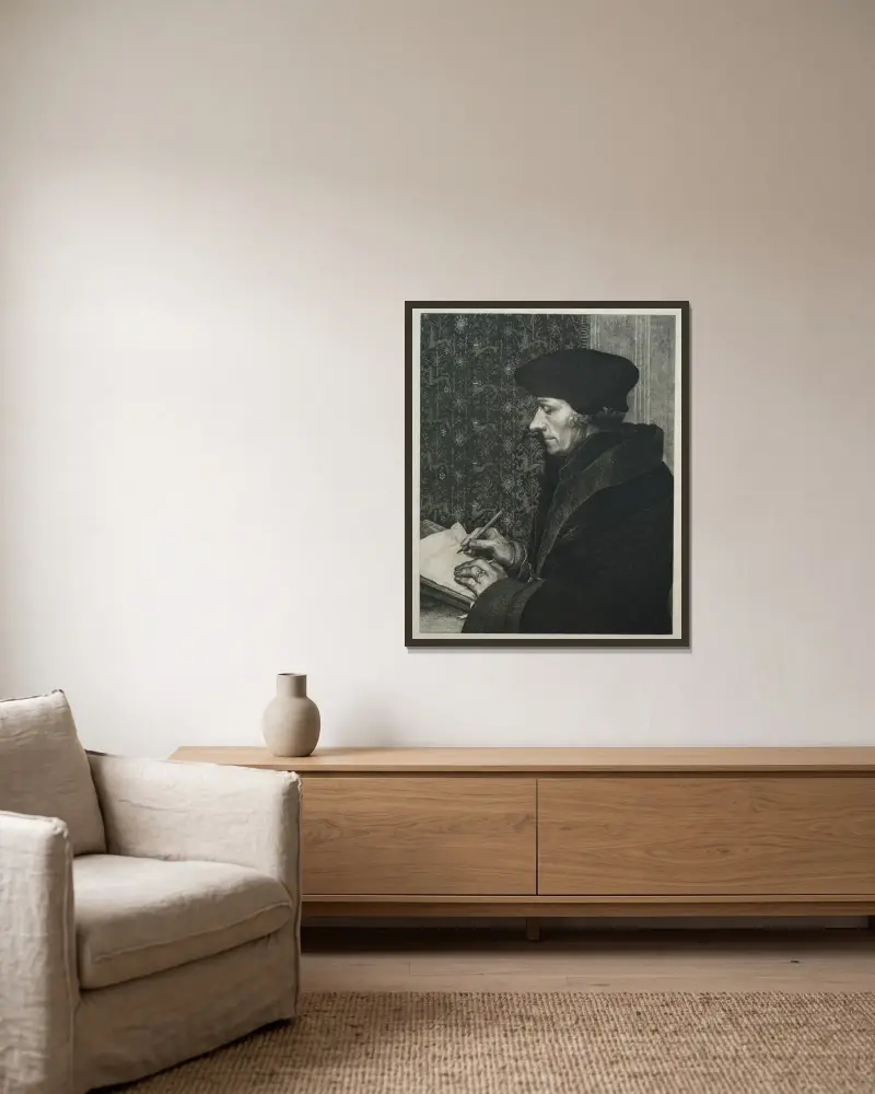 Erasmus, efter Holbein av Félix Bracquemond inramad på en vägg