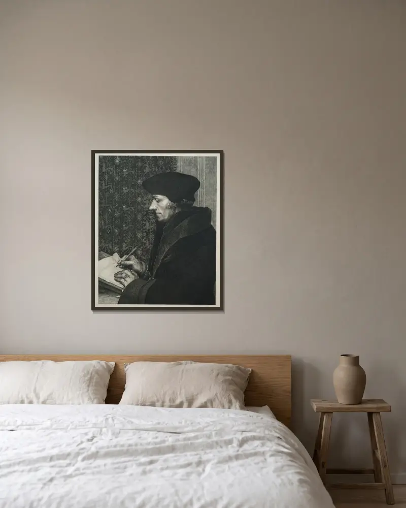 Erasmus, efter Holbein av Félix Bracquemond inramad på en vägg