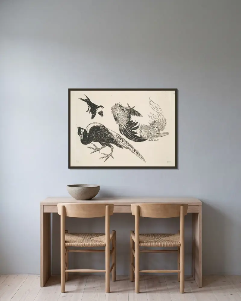 Faisans, oiseaux av Félix Bracquemond inramad på en vägg