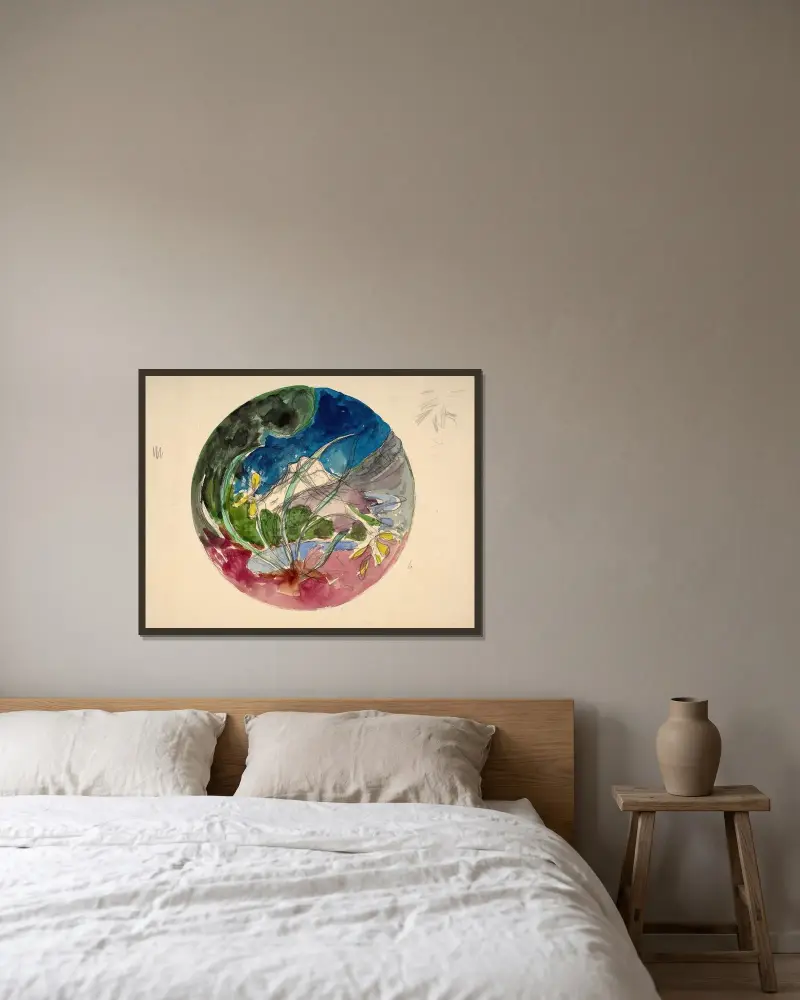Blommor framför ett bergslandskap av Félix Bracquemond inramad på en vägg