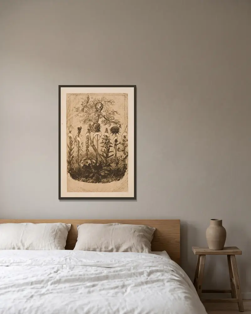 Titelbild till 'Les Fleurs du Mal' av Charles Baudelaire av Félix Bracquemond inramad på en vägg