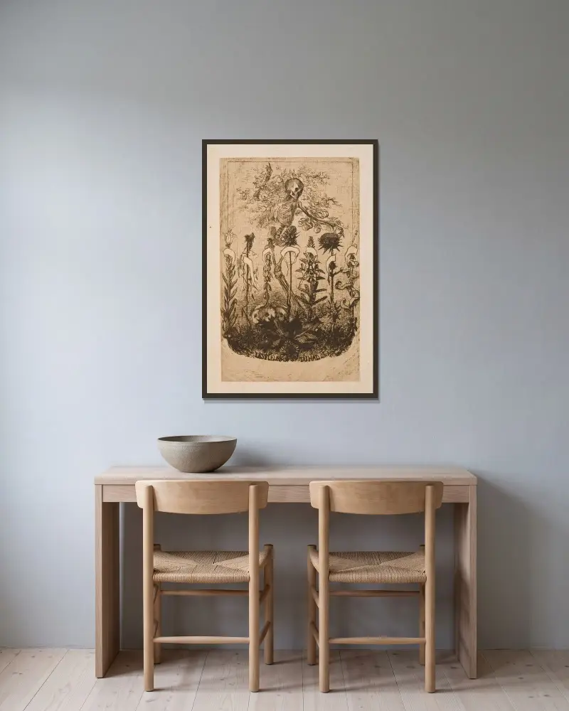 Titelbild till 'Les Fleurs du Mal' av Charles Baudelaire av Félix Bracquemond inramad på en vägg