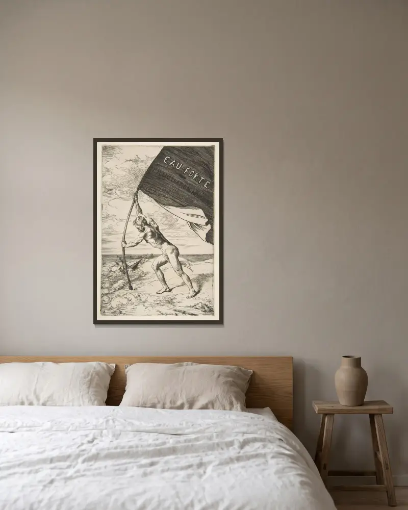 Försättsblad till ’L’Illustration Nouvelle’ av Félix Bracquemond inramad på en vägg