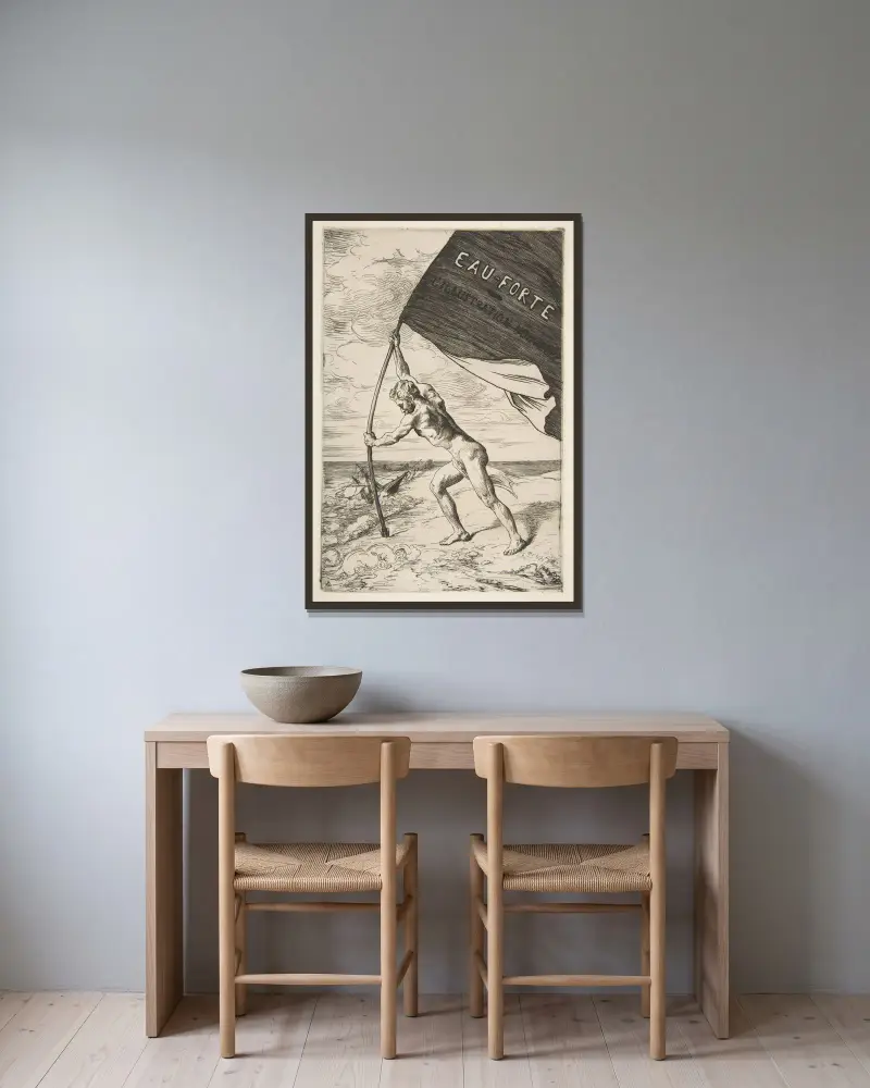 Försättsblad till ’L’Illustration Nouvelle’ av Félix Bracquemond inramad på en vägg