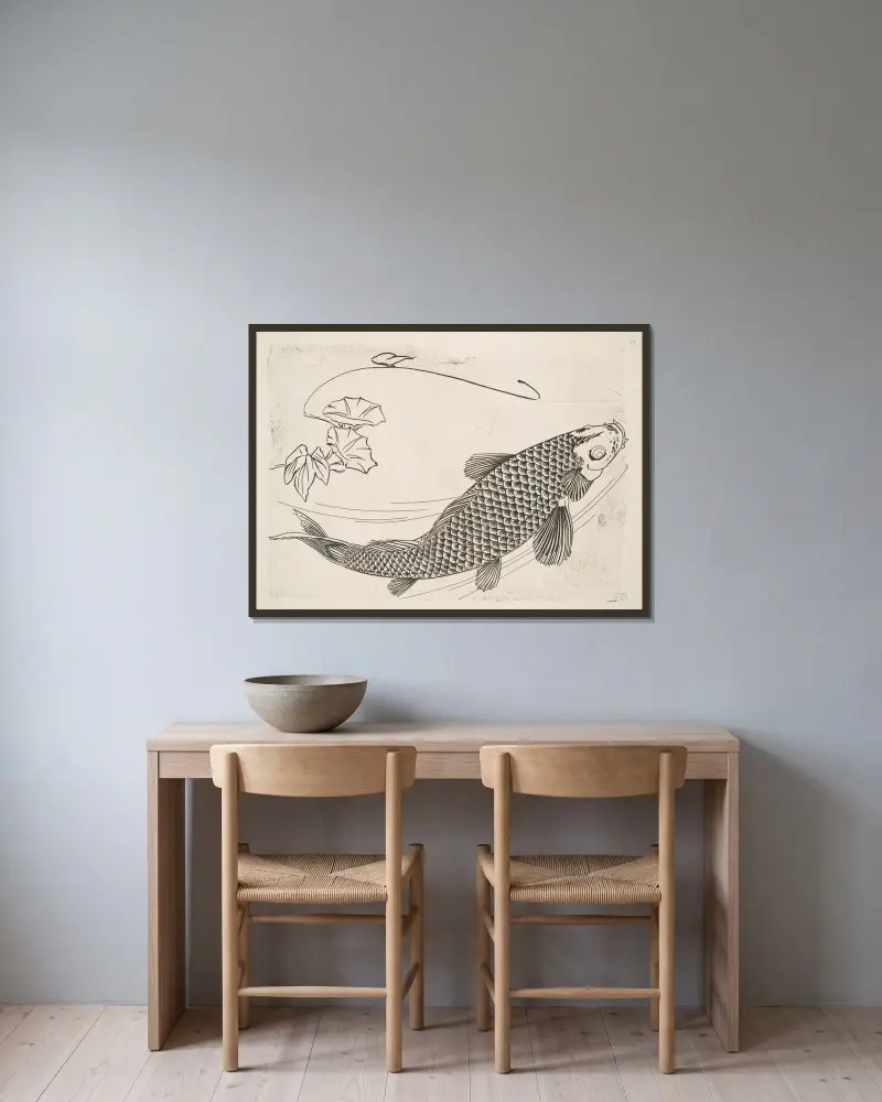 Stor fisk i japansk stil av Félix Bracquemond inramad på en vägg