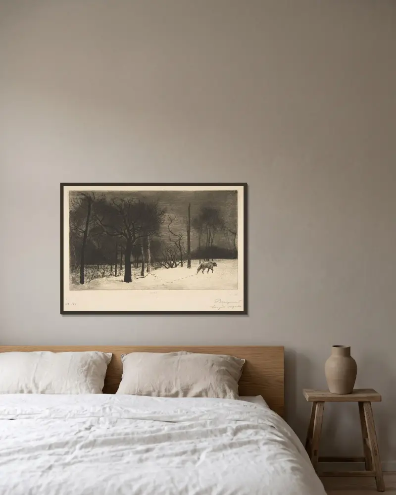 Vinter (Vargen i snön) av Félix Bracquemond inramad på en vägg