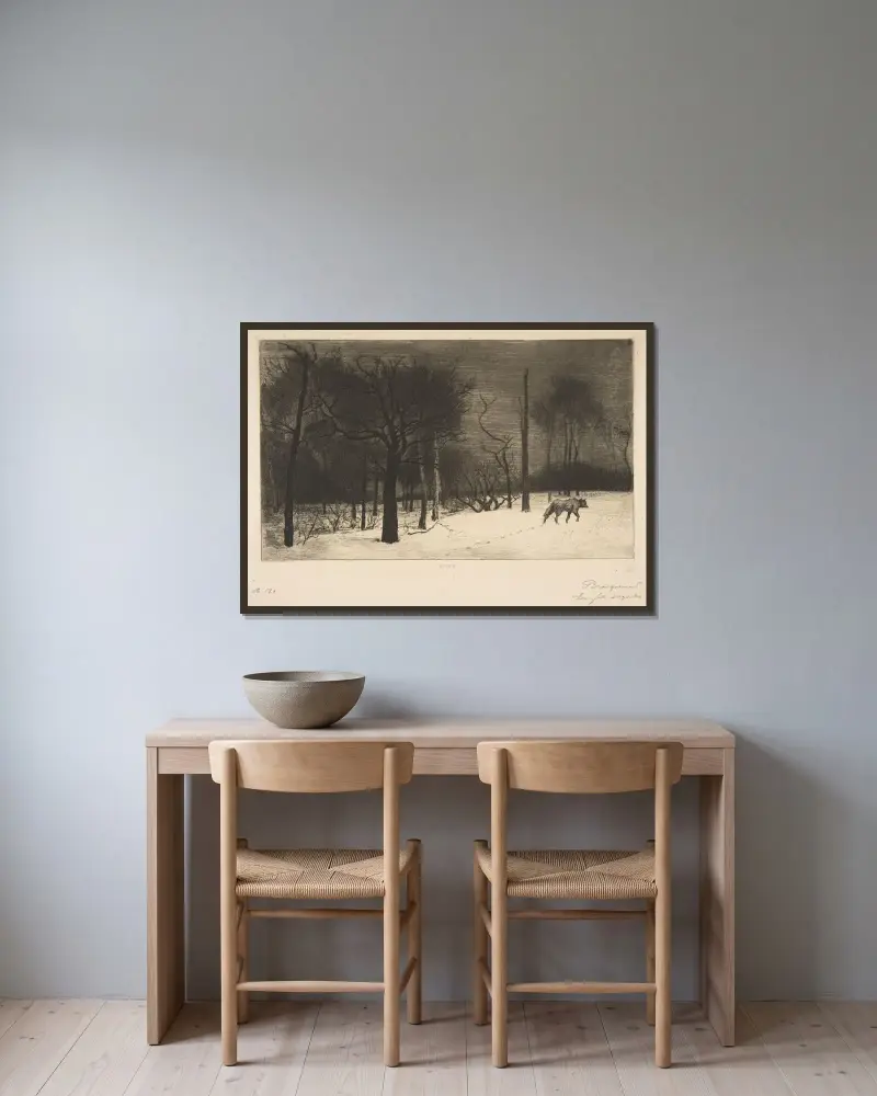 Vinter (Vargen i snön) av Félix Bracquemond inramad på en vägg