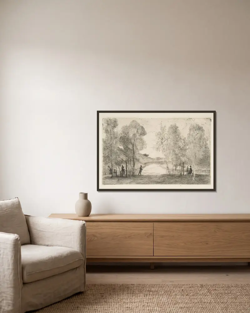 Sjön i Bois de Boulogne av Félix Bracquemond inramad på en vägg