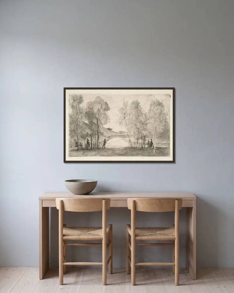 Sjön i Bois de Boulogne av Félix Bracquemond inramad på en vägg