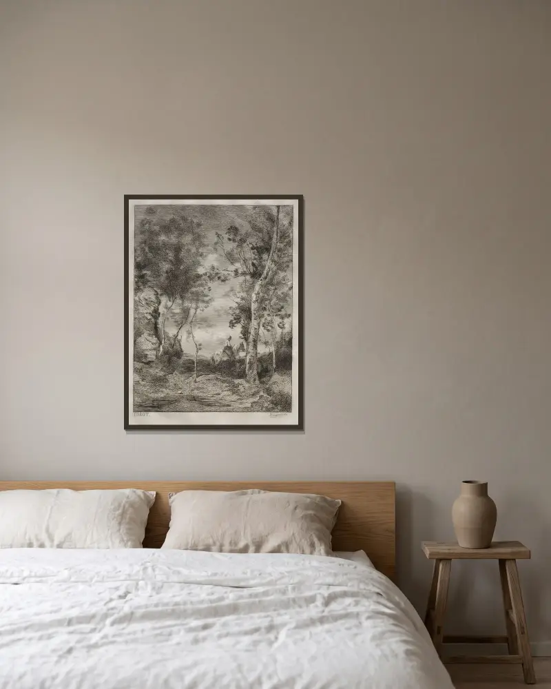 Landskap, eller Den vita hästen, efter Corot av Félix Bracquemond inramad på en vägg