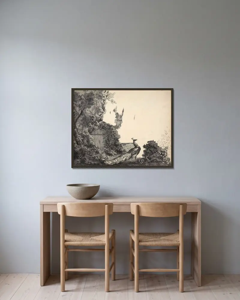Påfågel och staty av ett barn i landskap av Félix Bracquemond inramad på en vägg
