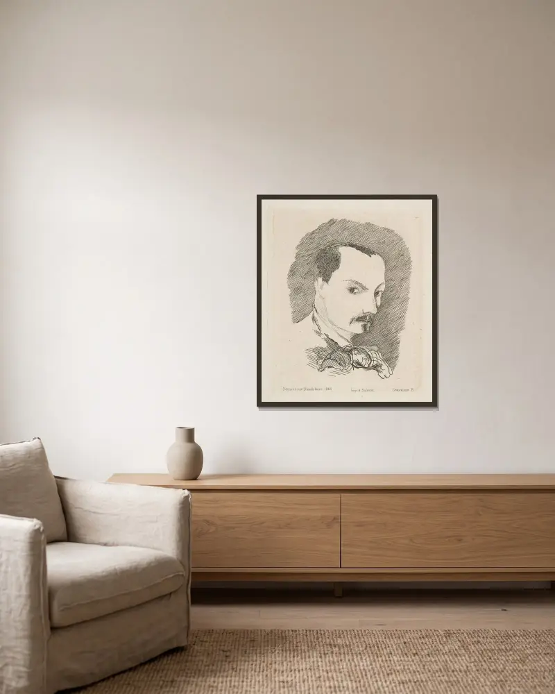Porträtt av Charles Baudelaire av Félix Bracquemond inramad på en vägg
