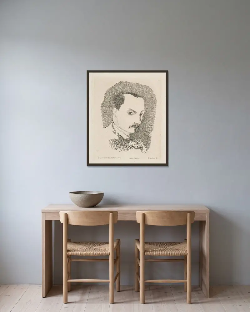Porträtt av Charles Baudelaire av Félix Bracquemond inramad på en vägg