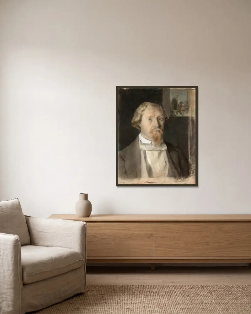 Porträtt av Charles Desforges de Vassens av Félix Bracquemond inramad på en vägg