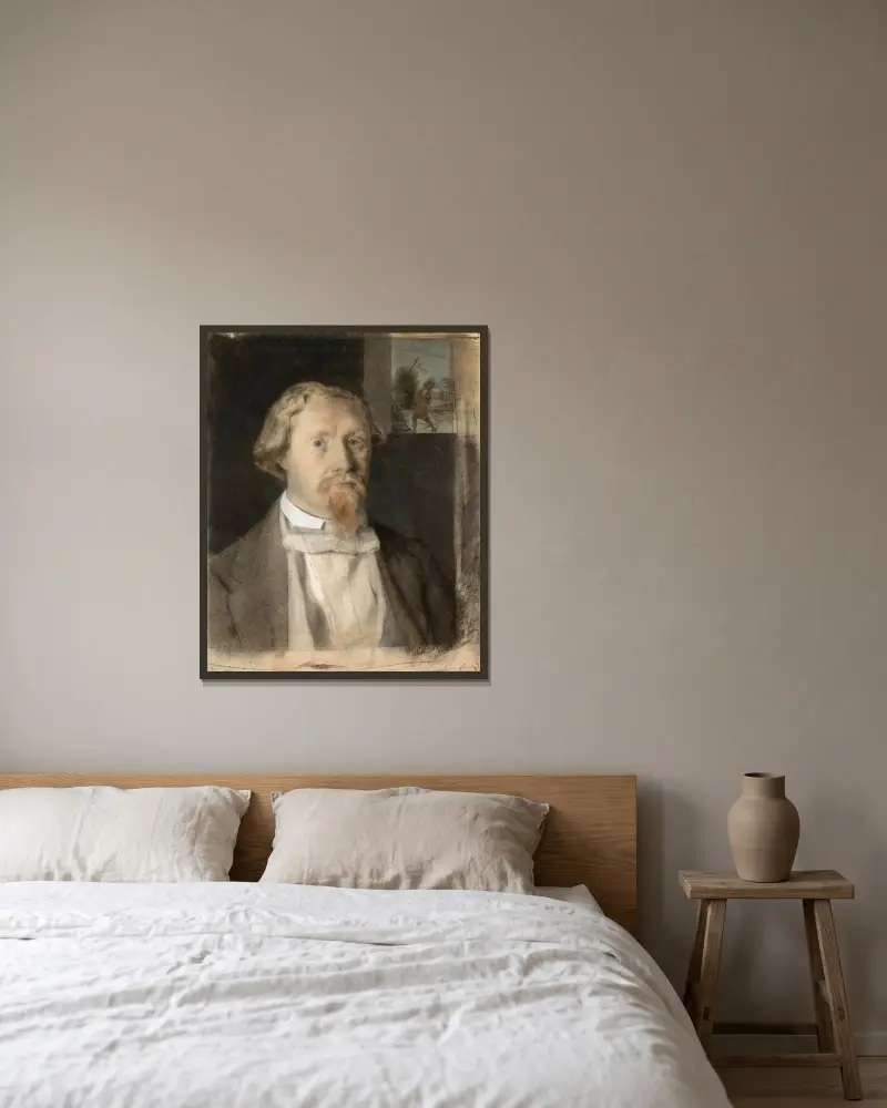 Porträtt av Charles Desforges de Vassens av Félix Bracquemond inramad på en vägg