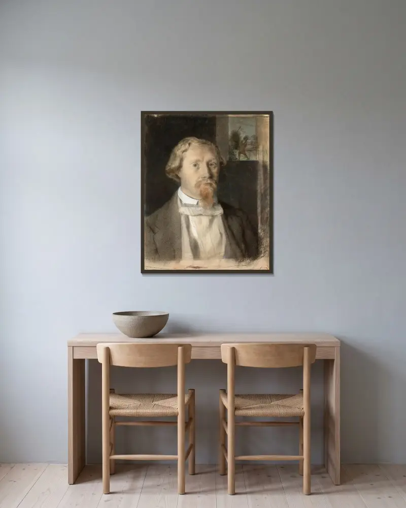 Porträtt av Charles Desforges de Vassens av Félix Bracquemond inramad på en vägg