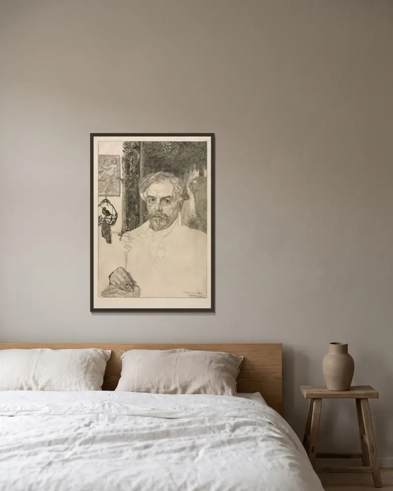 Porträtt av Edmond de Goncourt av Félix Bracquemond inramad på en vägg