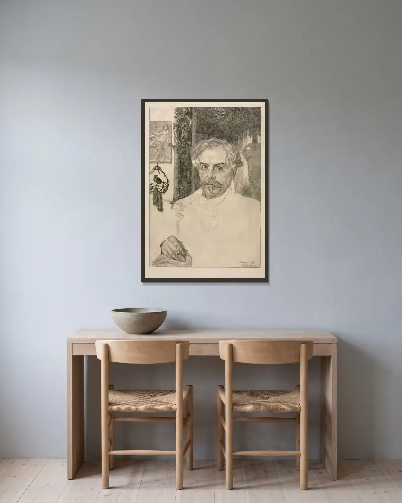 Porträtt av Edmond de Goncourt av Félix Bracquemond inramad på en vägg