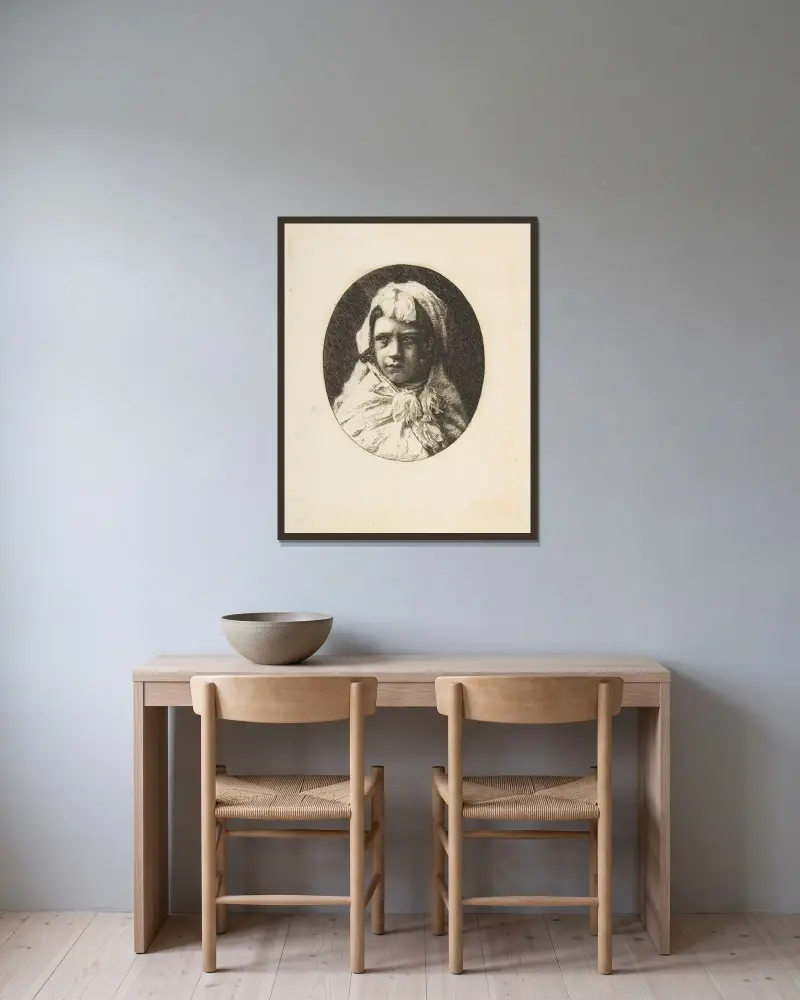 Porträtt av Henri Houssaye som barn av Félix Bracquemond inramad på en vägg