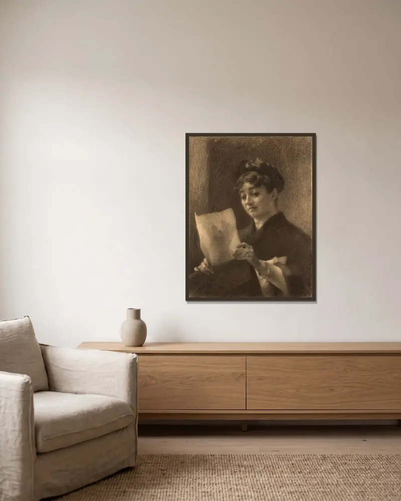 Porträt von Marie Bracquemond mit Zeichenpappe von Félix Bracquemond gerahmt an einer Wand