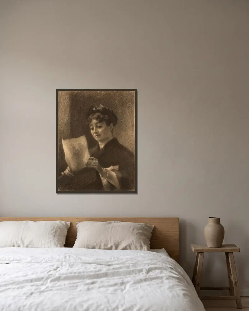 Porträt von Marie Bracquemond mit Zeichenpappe von Félix Bracquemond gerahmt an einer Wand