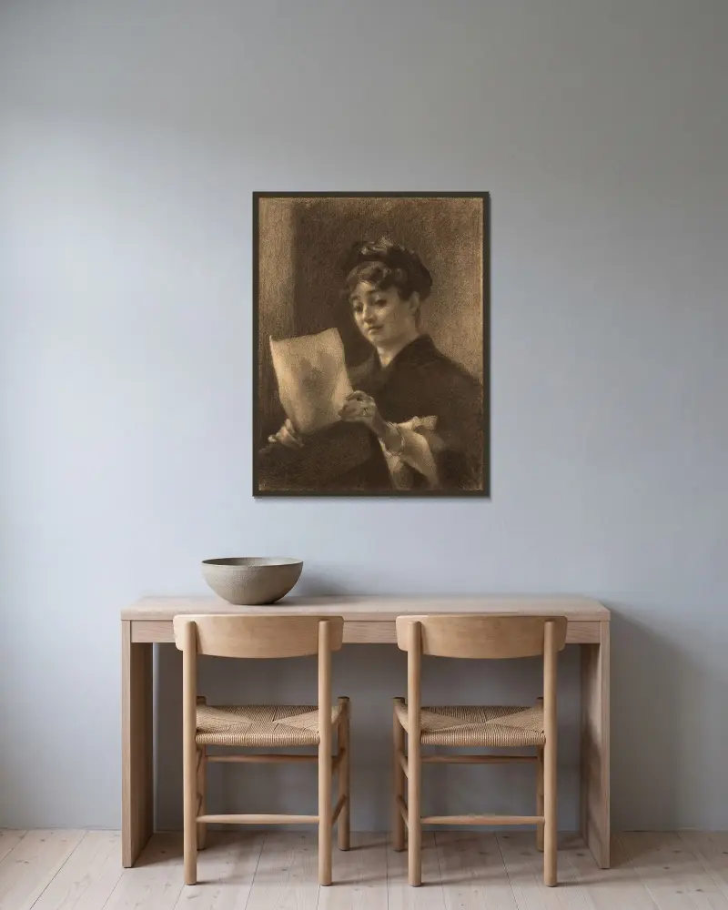 Porträt von Marie Bracquemond mit Zeichenpappe von Félix Bracquemond gerahmt an einer Wand