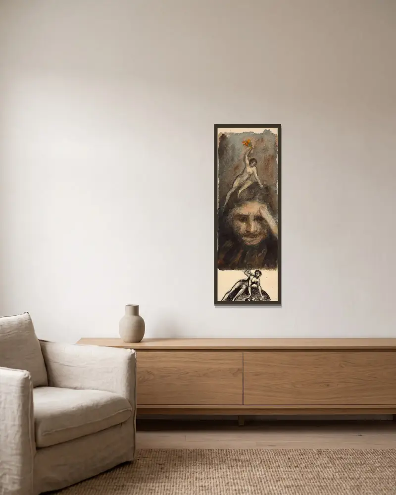 Studie, nackte Frau, die einem Mann einen Blumenstrauß auf den Kopf hält von Félix Bracquemond gerahmt an einer Wand