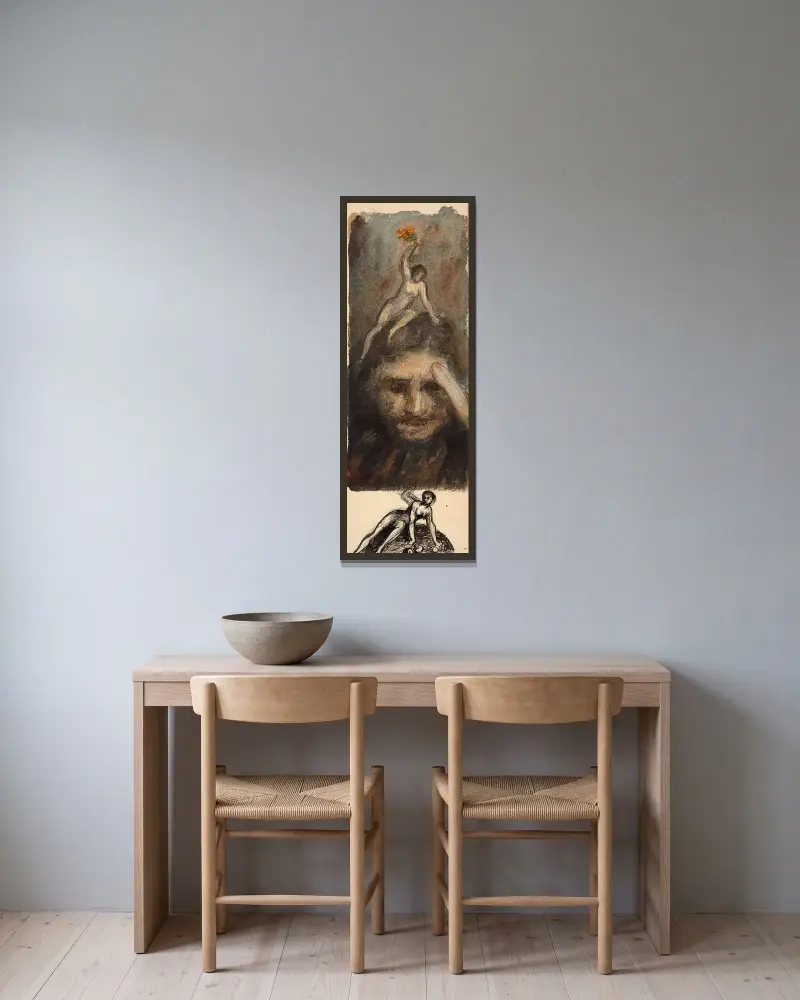 Studie, nackte Frau, die einem Mann einen Blumenstrauß auf den Kopf hält von Félix Bracquemond gerahmt an einer Wand