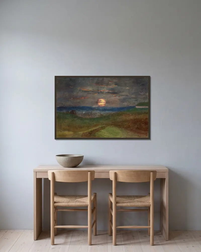 Solnedgång över fabriksskorstenar av Félix Bracquemond inramad på en vägg