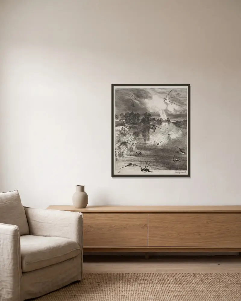 Swallows von Félix Bracquemond gerahmt an einer Wand