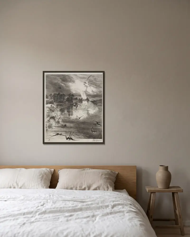 Swallows von Félix Bracquemond gerahmt an einer Wand