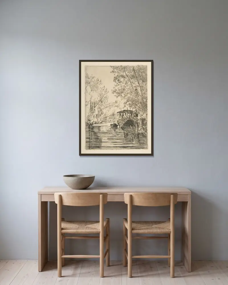 Färgarens båt (Bas-Meudon) av Félix Bracquemond inramad på en vägg