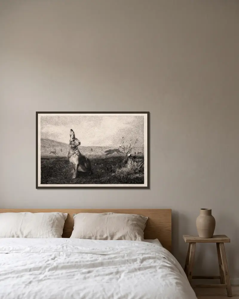 Der Hase (nach A. de Balleroy) von Félix Bracquemond gerahmt an einer Wand