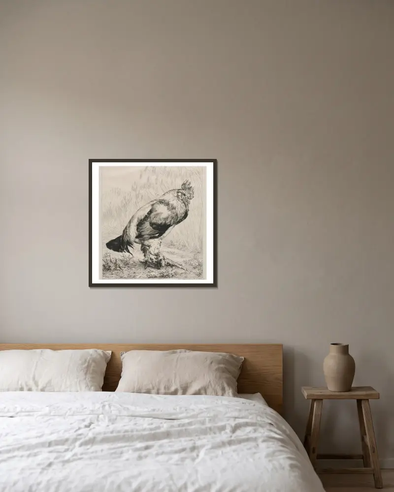 Der alte Hahn von Félix Bracquemond gerahmt an einer Wand