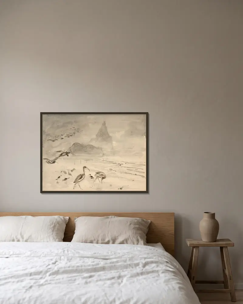 Sandbankarna vid Tombelaine och Mont Saint-Michel av Félix Bracquemond inramad på en vägg