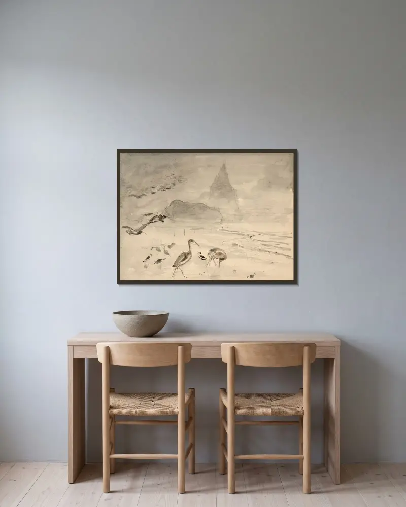 Sandbankarna vid Tombelaine och Mont Saint-Michel av Félix Bracquemond inramad på en vägg