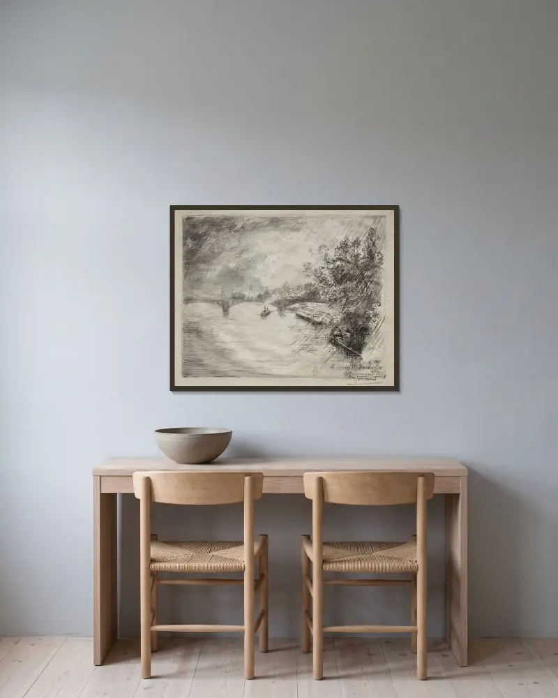 Vy över bron Saint-Pères av Félix Bracquemond inramad på en vägg