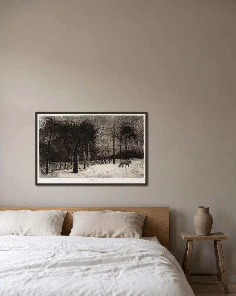 Vinter eller Vargen i snön av Félix Bracquemond inramad på en vägg