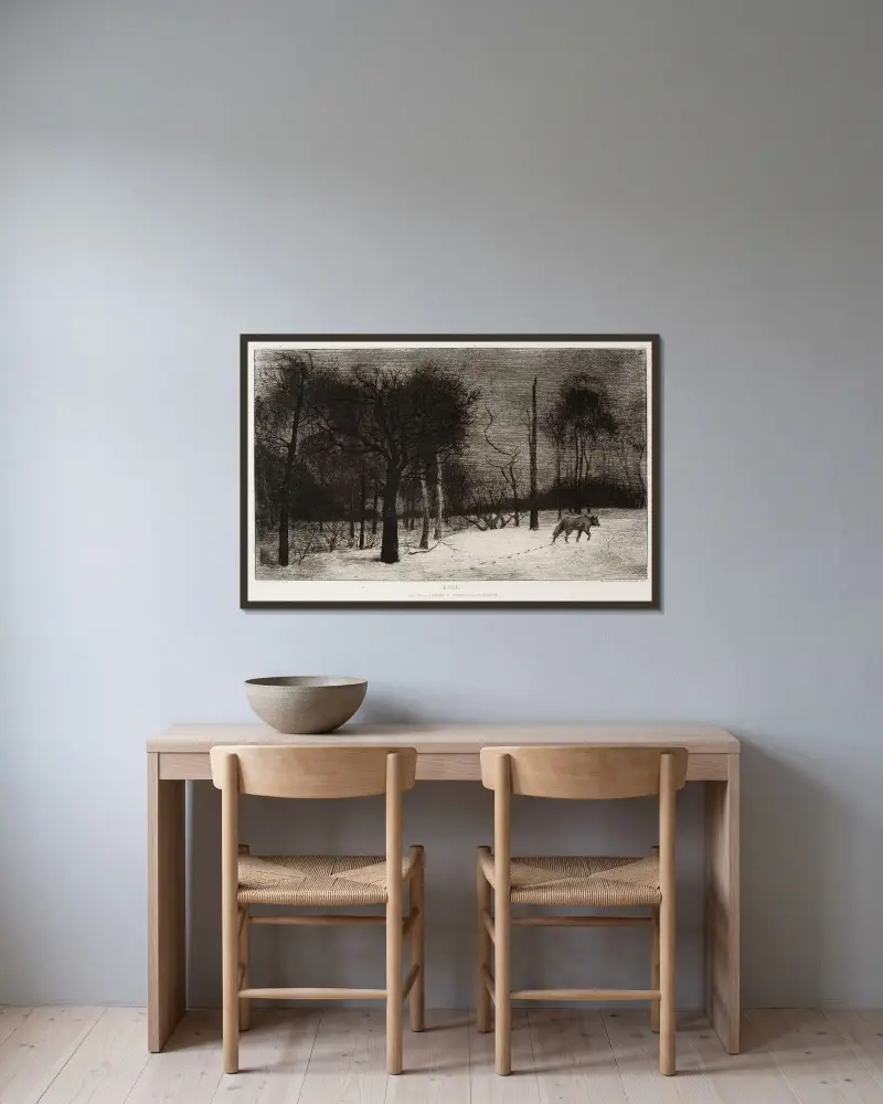 Vinter eller Vargen i snön av Félix Bracquemond inramad på en vägg