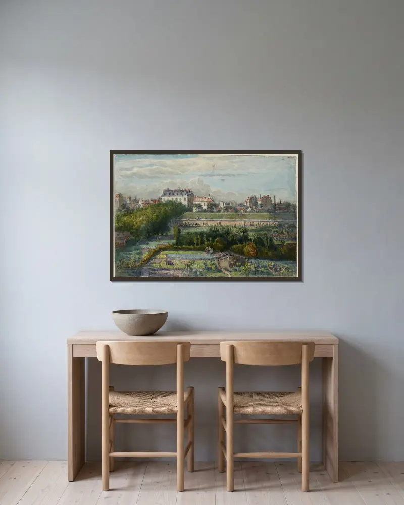 Vue de la porte de Montrouge et des jardins, prise de la rue Lakanal au Grand-Montrouge av Félix Brard inramad på en vägg