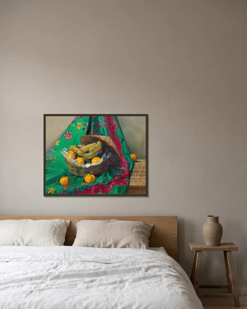 Corbeille de mandarines et bananes av Félix Vallotton inramad på en vägg