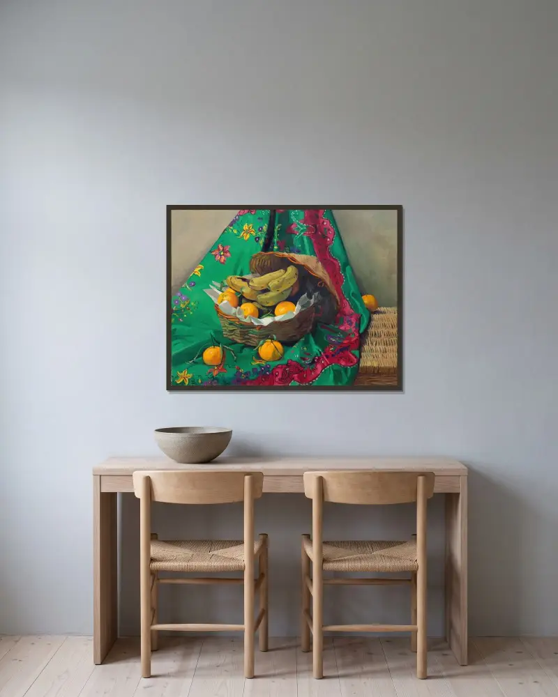 Corbeille de mandarines et bananes av Félix Vallotton inramad på en vägg