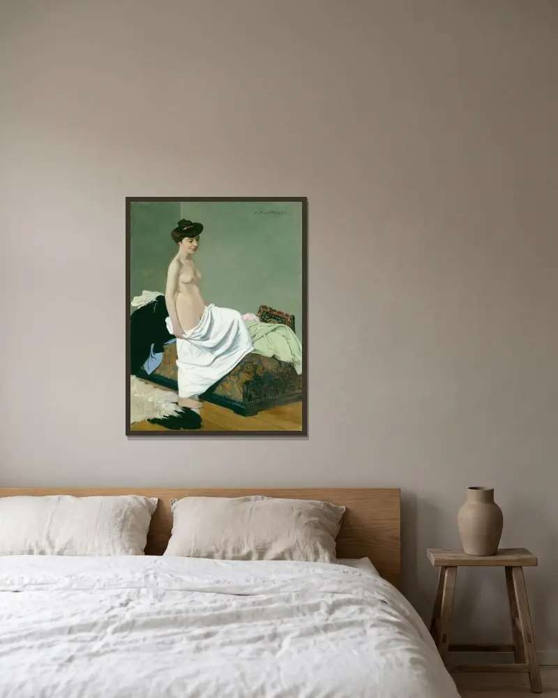 Stående naken kvinna med klänning på knät av Félix Vallotton inramad på en vägg