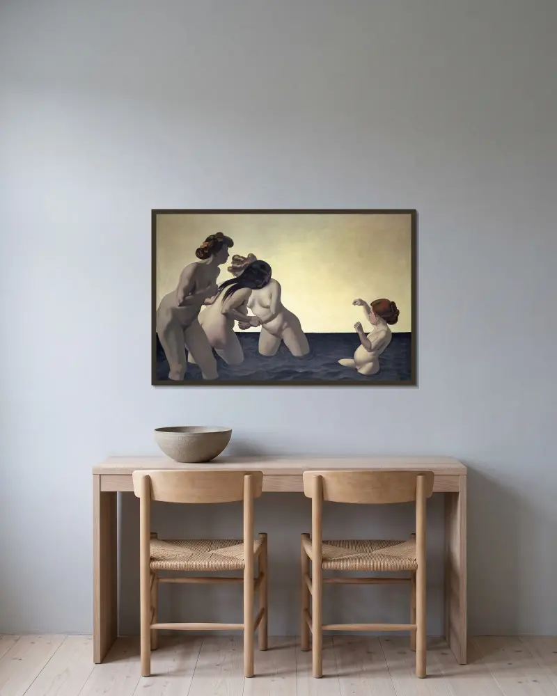 Three Women and One Little Girl Playing in the Water av Félix Vallotton inramad på en vägg